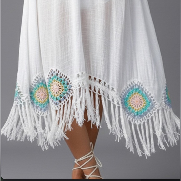 White Crochet Fringe Hem Coverup Kimono - Picture 3 of 10